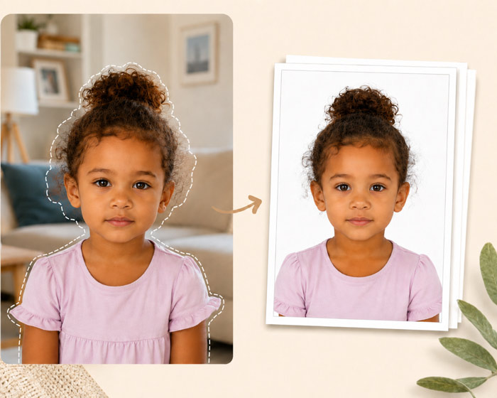 Child photo background removal example with a clean white passport photo result