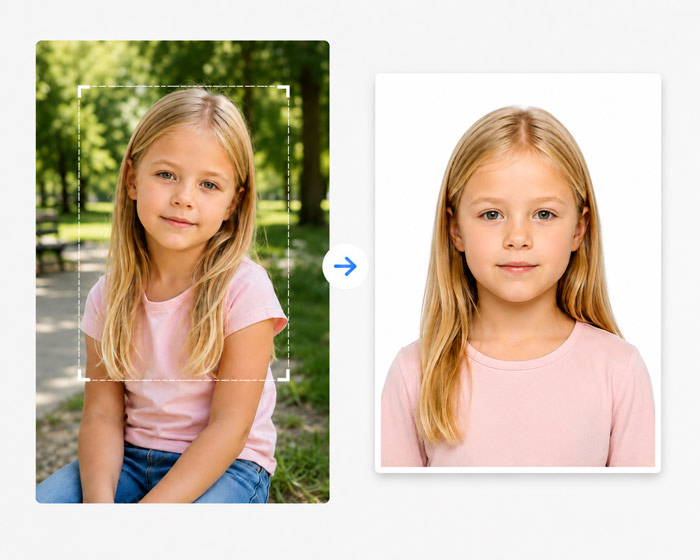 Example of cropping a child photo into a clean square passport photo